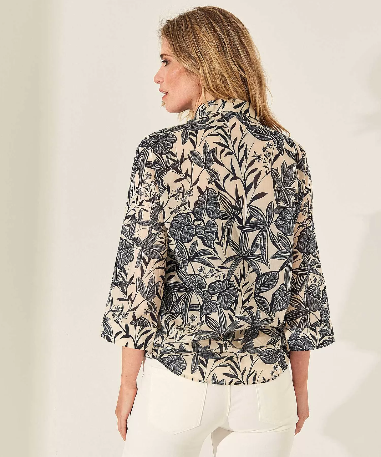 * Blusa De Gasa De Algodon Con Estampado De Hojas Fashion