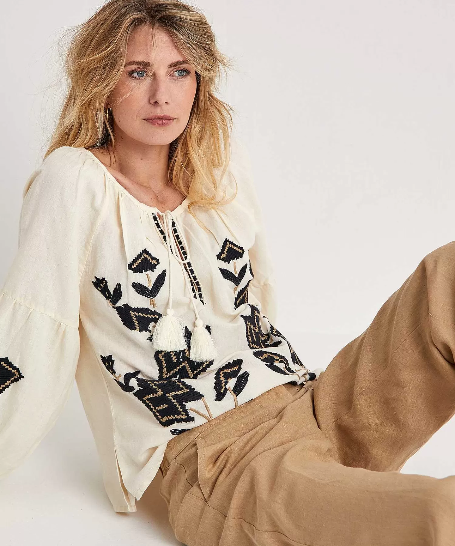 Summum Blusa De Mezcla De Lino Con Bordado Hot