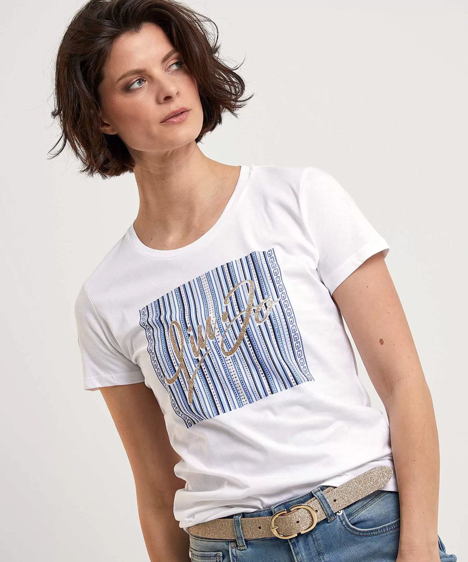 LIU JO Camiseta Con Estampado De Purpurina Y Pedreria New