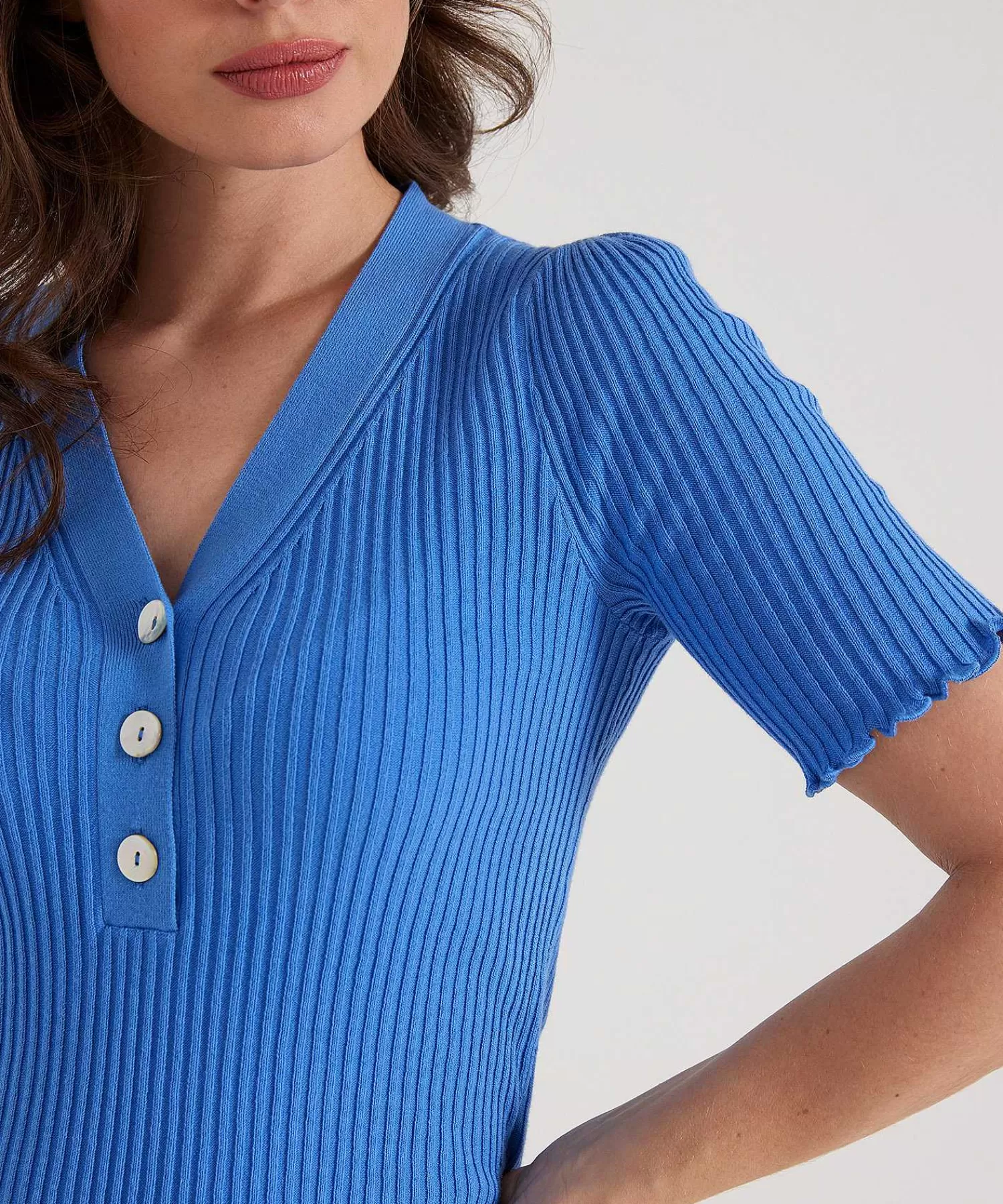 * Jersey De Punto Acanalado Con Cuello En V Flash Sale
