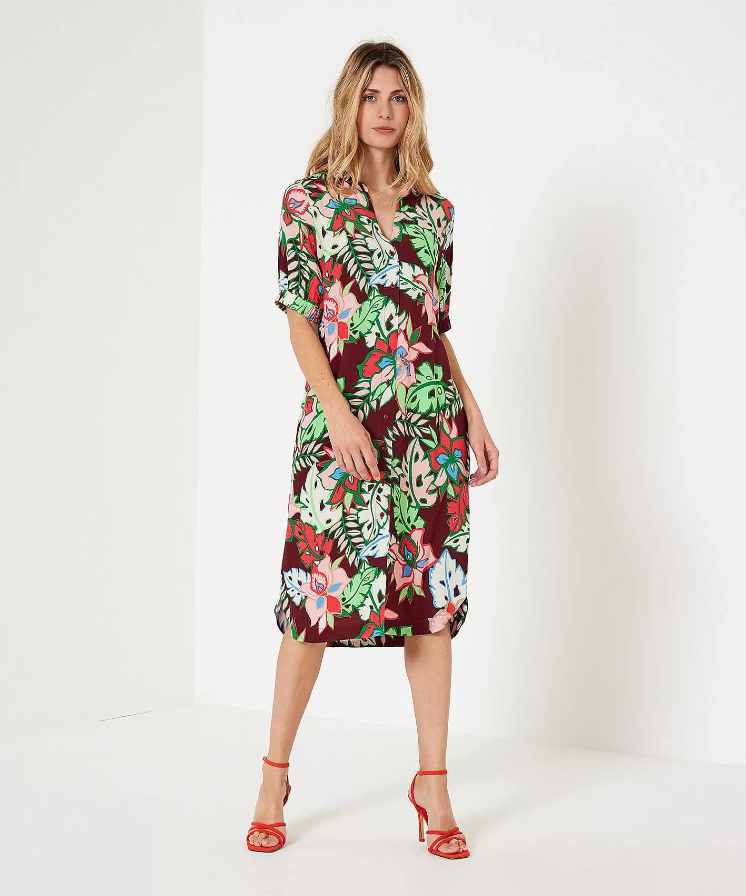 KYRA Vestido De Botones Flor Tropical Marena New