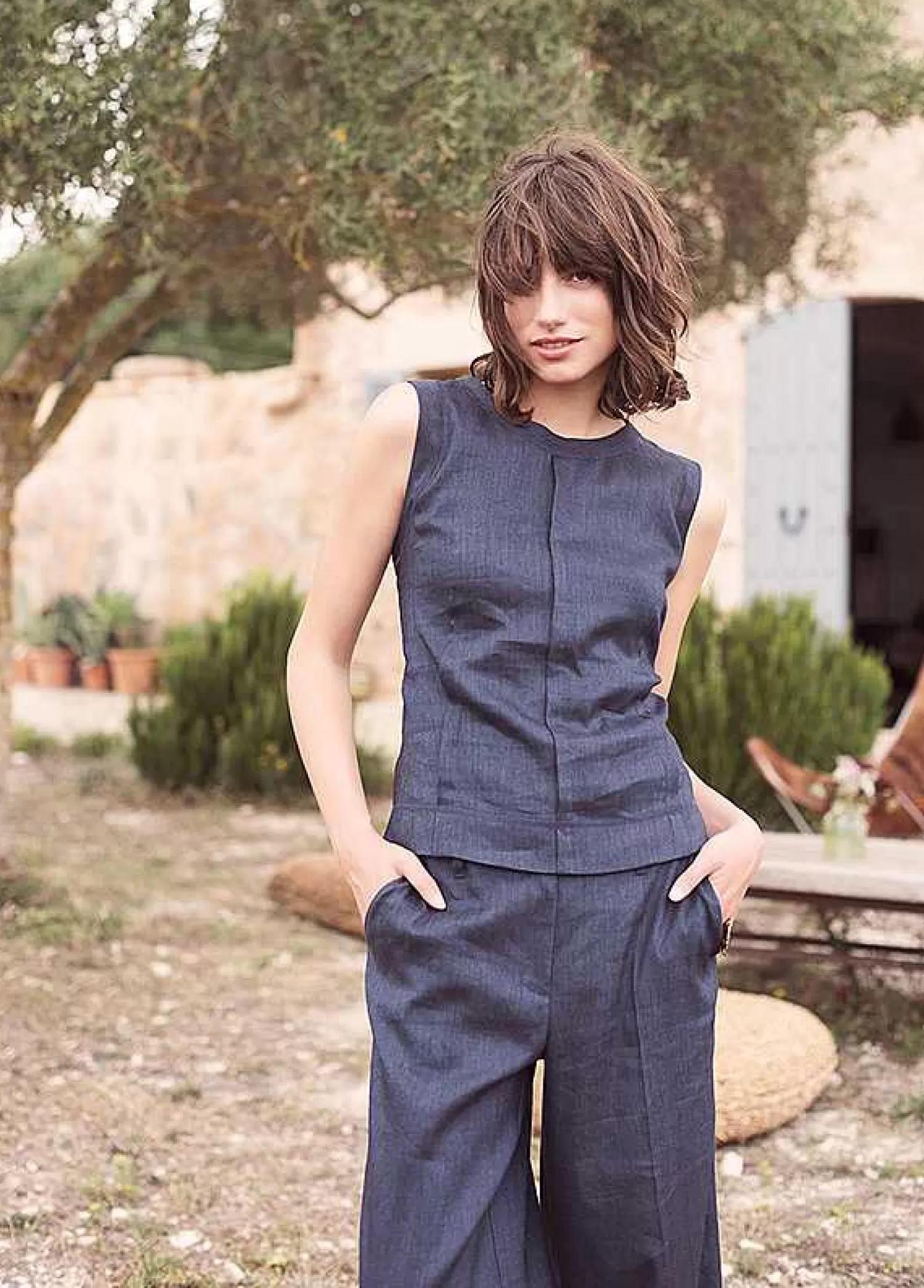 Summum Top De Mezcla De Lino Look Denim Cheap